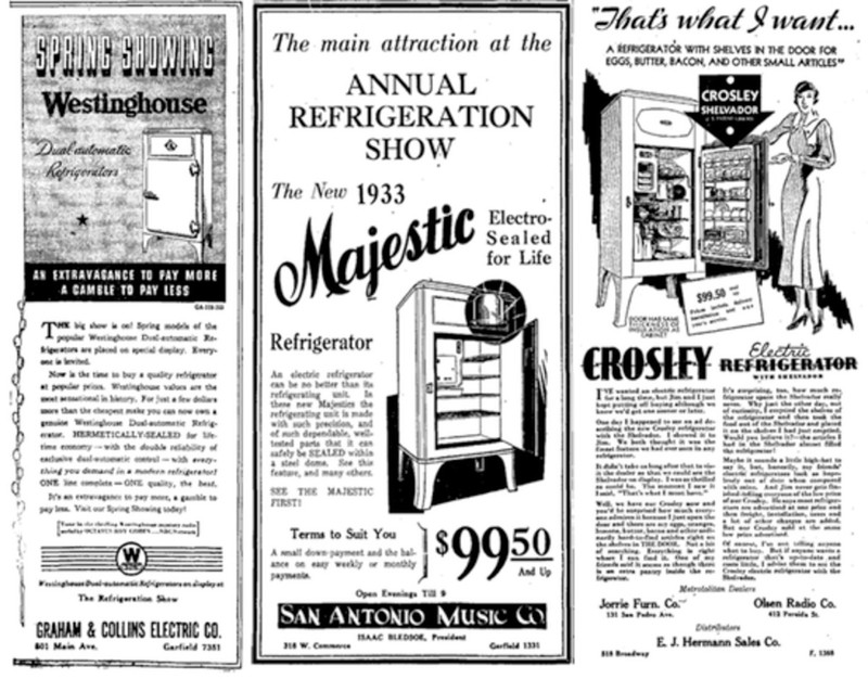 Figure 3: Refrigerator ads from the April 16, 1933 edition of the San Antonio Light