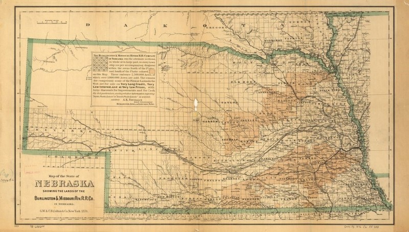 Figure 1: Map of the state of Nebraska showing the lands of the Burlington & Missouri Riv. R.R. Co. in Nebraska, 1876