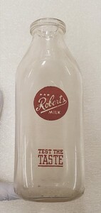 This is the Roberts Milk bottle from the Durham Museums archives. It is a glass bottle with a “polyglazed” Roberts Milk logo on the front.